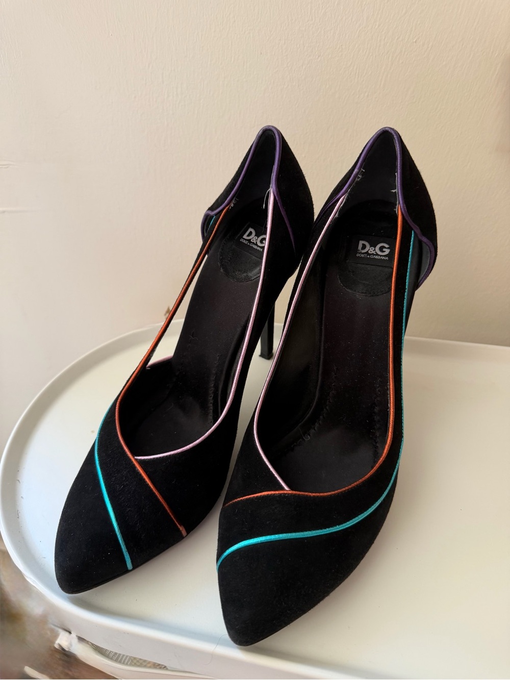 Dolce & Gabbana Black Suede Pointed Pumps Vibrant Teal, Orange and Pink Piping